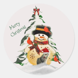 Christmas Snowman and Birds Round Sticker