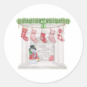 Christmas Snowman and Fireplace Stockings Classic Round Sticker