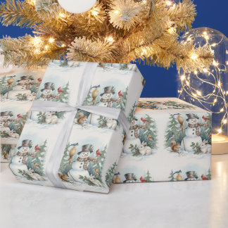 Christmas Snowman and Forest Birds, Animals  Wrapping Paper