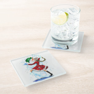 Christmas Snowman and Girl Dancers Glass Coaster