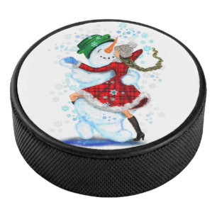Christmas Snowman and Girl Dancers Hockey Puck