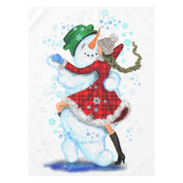 Christmas Snowman and Girl Dancers -Tablecloth Tablecloth (Front)
