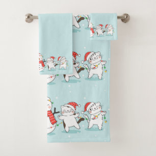 Christmas Snowman and Kittens  Bath Towel Set
