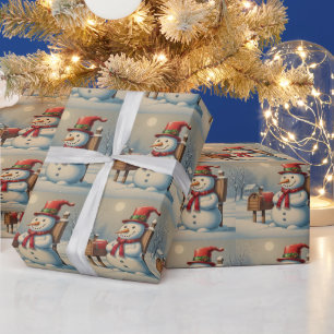 Christmas Snowman and Mailbox Illustration Wrapping Paper