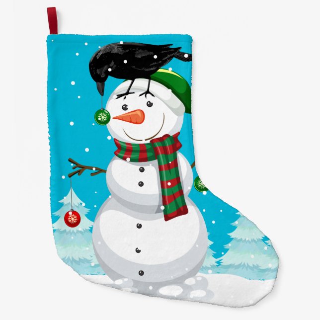 Christmas Snowman and Raven Large Christmas Stocking (Front)