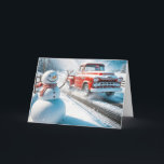 Christmas Snowman and Red Retro Truck Holiday Card<br><div class="desc">A cheerful snowman stands beside a road as a vintage red truck drives by in a snowy landscape from a business to a customer.
All text can be changed.</div>