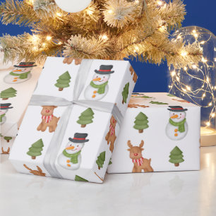 Christmas Snowman and Reindeer White  Wrapping Paper