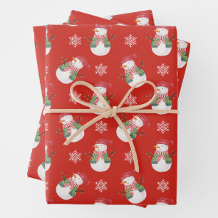 Christmas Snowman and Snowflakes Red Wrapping Paper Sheet