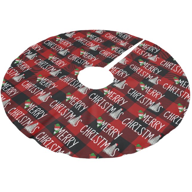 Christmas Snowman and Tree On Buffalo Plaid Brushed Polyester Tree Skirt (Angled)