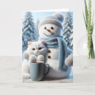 Christmas Snowman And White Cat Holiday Card