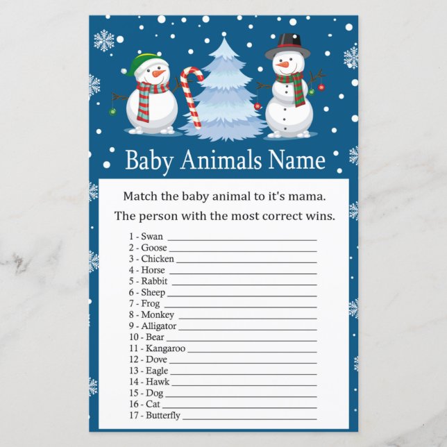 Christmas Snowman Baby Animals Name Game (Front)