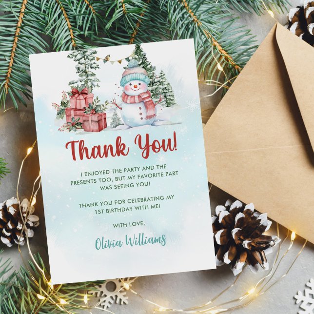 Christmas Snowman Birthday Party Thank You Card (Creator Uploaded)