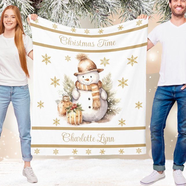 Christmas Snowman Blanket With Name Gold (Christmas Snowman Blanket With Name Gold)