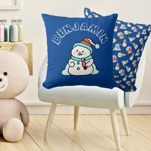 Christmas Snowman Boys Name   Blue Cushion