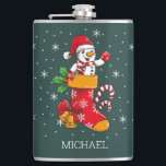 Christmas Snowman Candy Cane Hip Flask<br><div class="desc">This cute snowman having a cosy time in a stocking is perfect for the cold winter day or night. You can customise the name by clicking the "personalise" button to make it your own</div>