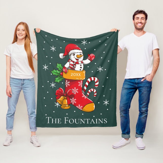 Christmas Snowman Candy Cane Personalised Family Fleece Blanket (In Situ)