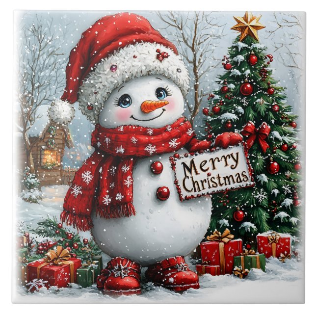 Christmas Snowman Ceramic Tile (Front)