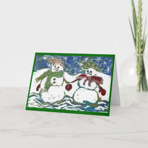 Christmas Snowman Couple - Block Print in colour Holiday Card
