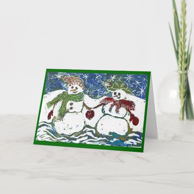 Christmas Snowman Couple - Block Print in colour Holiday Card (Front)