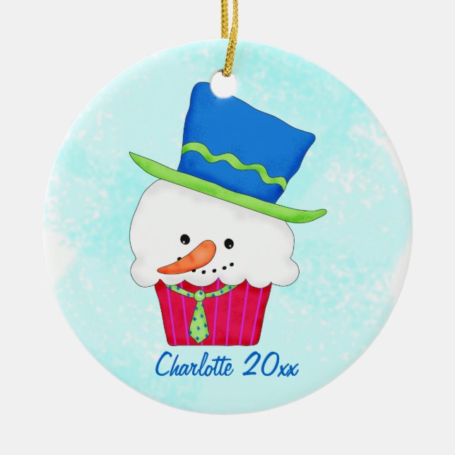 Christmas Snowman Cupcake Name Personalised Ceramic Tree Decoration (Front)