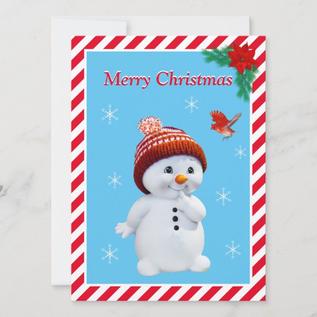 Christmas Snowman  & Cute Red Bird Christmas Card (Front)
