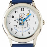 Christmas Snowman Design with Name. Child's Watch<br><div class="desc">Child's Fun Christmas Gift Watch. Christmas snowman watch with the name of the recipient child. Design features a snowman in a winter's setting. Christmas present for a child. Young child's Christmas watch.</div>