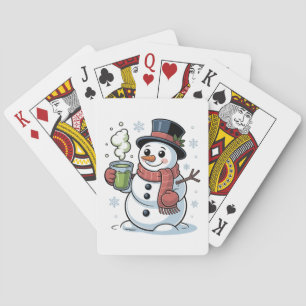 Christmas Snowman Drinkinh Green Matcha  Playing Cards