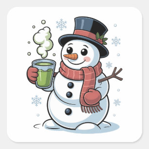Christmas Snowman Drinkinh Green Matcha Square Sticker