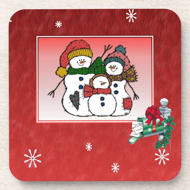 Christmas Snowman Family Cork Coaster (Front)