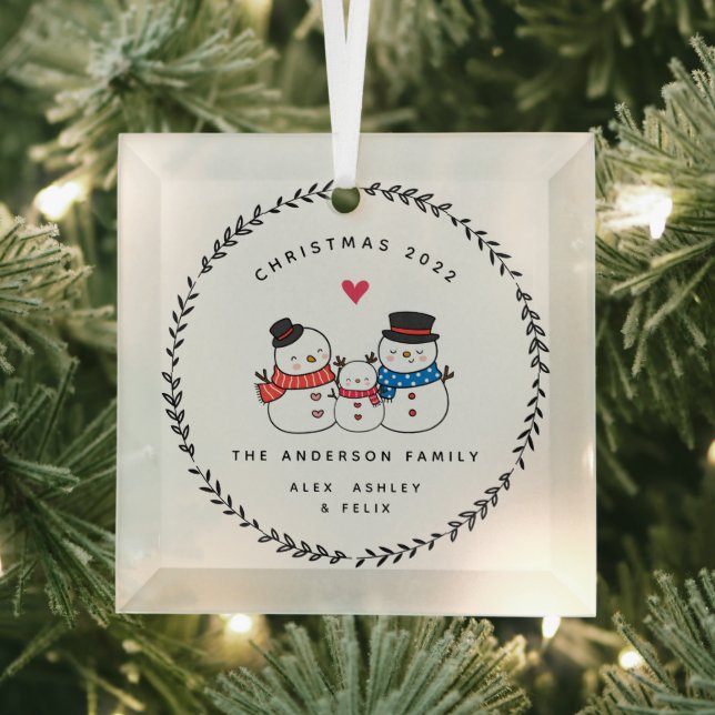Christmas Snowman Family of Three Glass Tree Decoration (Insitu)