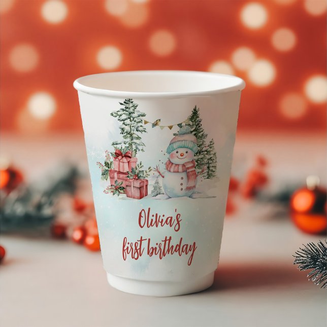 Christmas Snowman First Birthday Paper Cups (Creator Uploaded)