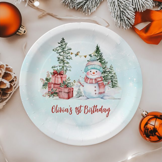 Christmas Snowman First Birthday Paper Plate (Creator Uploaded)