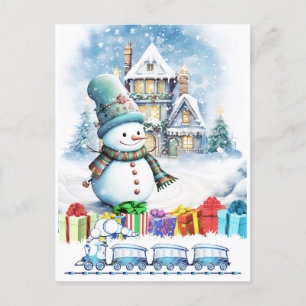 CHRISTMAS SNOWMAN GIFTS AND TOY TRAIN POSTCARD