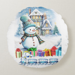 CHRISTMAS SNOWMAN GIFTS AND TOY TRAIN ROUND CUSHION