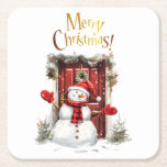 Christmas Snowman Gold Merry Christmas Text Square Paper Coaster<br><div class="desc">Christmas Snowman with a carrot nose and santa hat.   Merry Christmas text in gold</div>
