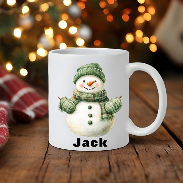 Christmas Snowman Green Hat Custom Name Coffee Mug (Christmas Snowman Green Hat Custom Name Coffee Mug)
