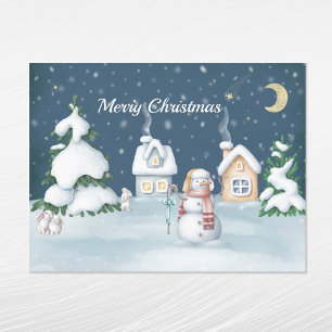 Christmas Snowman Houses Rabbit Watercolor Holiday Postcard