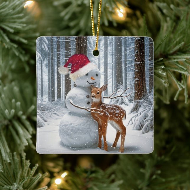 Christmas Snowman Hugging a Fawn Ceramic Ornament (Tree)
