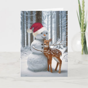 Christmas Snowman Hugging a Fawn Holiday Card
