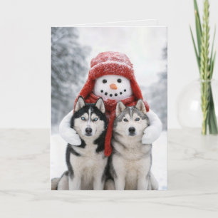 Christmas Snowman Hugging Siberian Husky Dogs Card