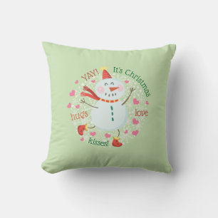 Christmas Snowman Hugs Love Kisses Green Cushion