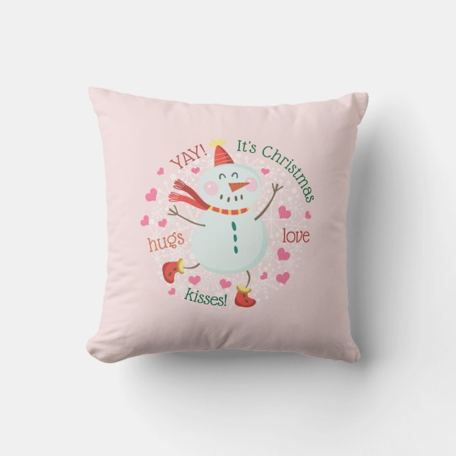 Christmas Snowman Hugs Love Kisses Pink Cushion (Front)