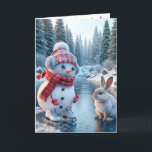 Christmas Snowman Ice Skating Holiday Card<br><div class="desc">A cheerful snowman ice skating on a frozen pond wearing a red hat and scarf stands on an icy surface accompanied by a curious rabbit.
Text can be changed.</div>
