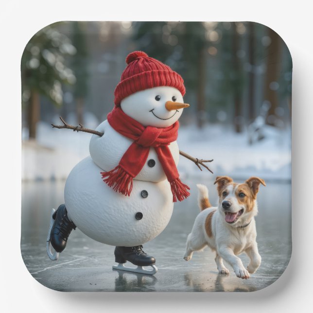 Christmas Snowman Ice Skating With Dog Paper Plate (Front)