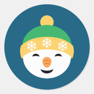Christmas Snowman in Green Hat on Blue Classic Round Sticker