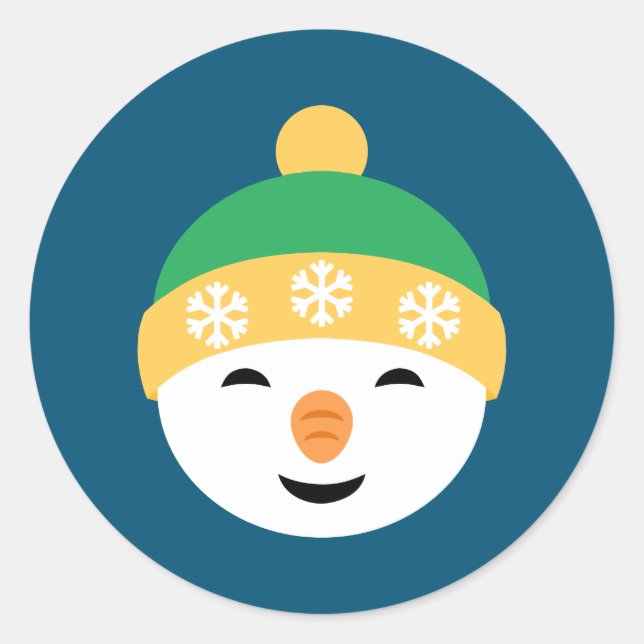 Christmas Snowman in Green Hat on Blue Classic Round Sticker (Front)