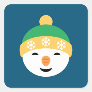 Christmas Snowman in Green Hat on Blue Square Sticker