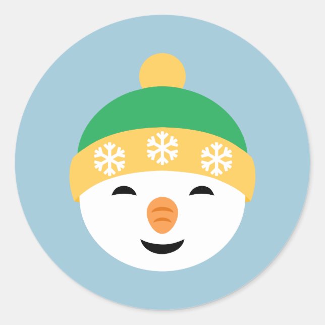 Christmas Snowman in Green Hat on Light Blue Classic Round Sticker (Front)