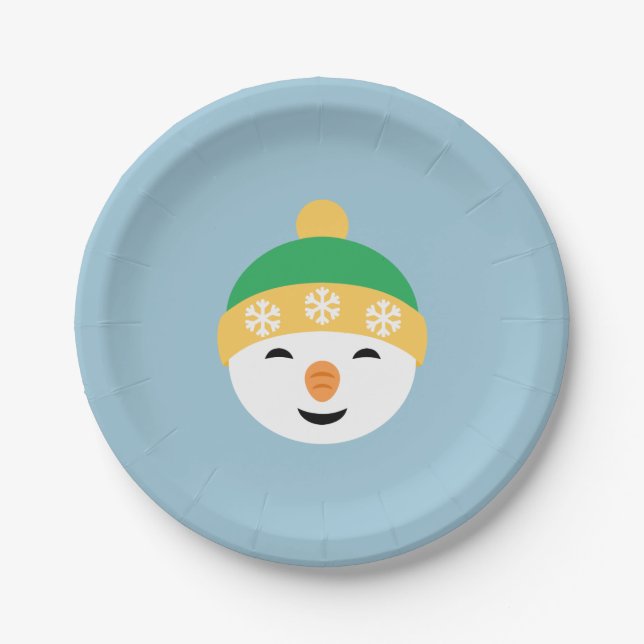 Christmas Snowman in Green Hat on Light Blue Paper Plate (Front)