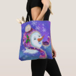 Christmas Snowman In Hat Tote Bag<br><div class="desc">Tote Bags or Crossbody Bags with Happy Snowman In Purple Pink Beanie Winter Hat Fun Face Painting Collection - Choose / Add Your Unique Text / Name / Colour - Make Your Special Gift - Resize and move or remove and add elements - image / text with customisation tool !...</div>